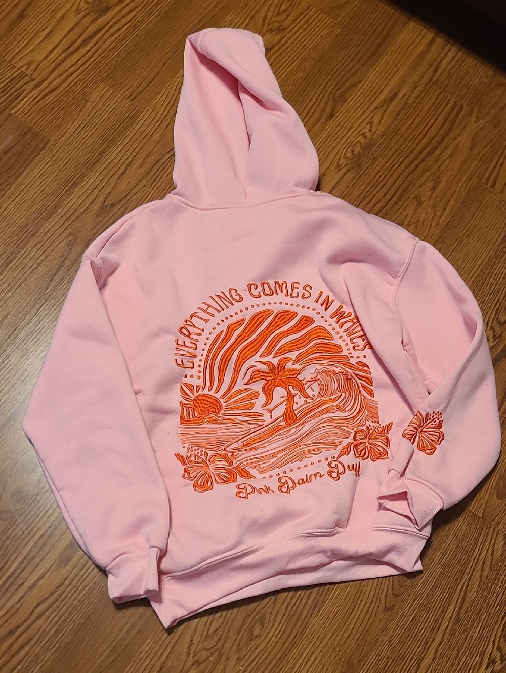 Pink Palm Puff Graphic Embroidered Hoodie Size M